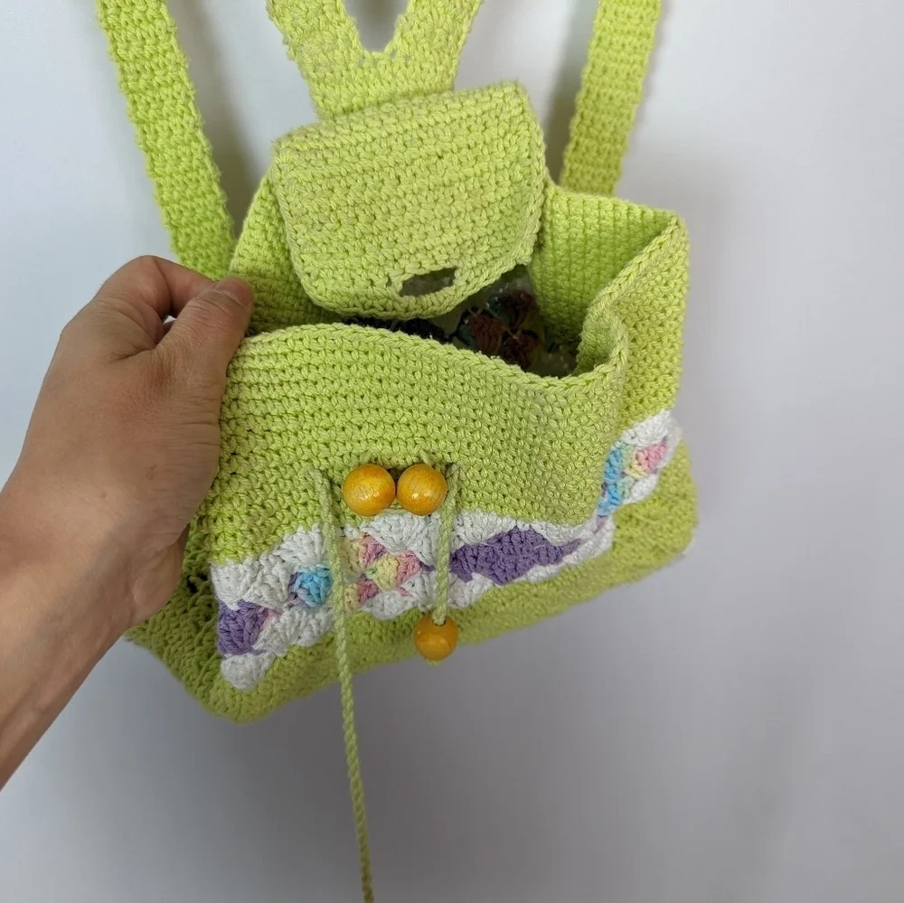 Handmade Crochet Knit Mini Backpack Bag Colorful Floral Bohemian Hippie 70s - Picture 7 of 11